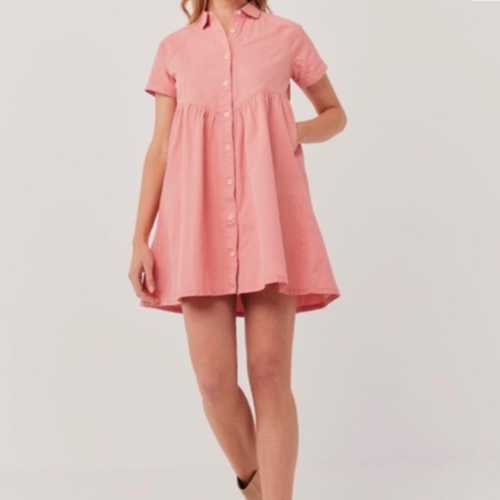 NWT L Pact Denim Babydoll Chambray Shirt Dress Button-Down Pink Dress w POCKETS